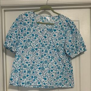 Draper James White Blouse with Teal Floral Print